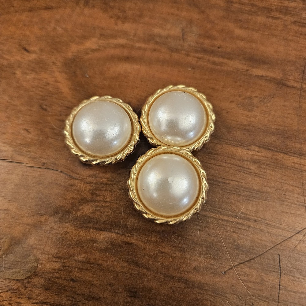 Vintage Ornate Button Covers Faux Pearl Set of 3 Goldtone Metal